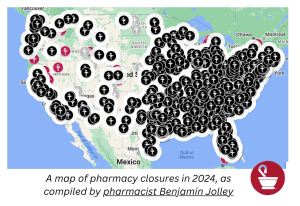 A map of pharmacy closures in 2024, as compiled by pharmacist Benjamin Jolley